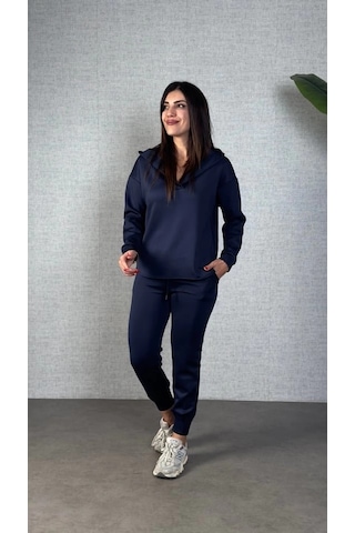 Defymoda Kadın Uzun Kollu Kapüşonlu Ikili Takım Mavi