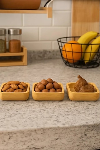 Mucit Home Bambu 3'lü Kare Çerezlik Reçellik Lokumluk Kahverengi