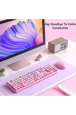 Renkli Daktilo Tarzı Vintage Mekanik Klavye Mouse Pc Laptop Uyumlu Kablosuz