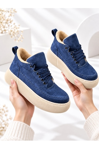 Dabab Shoes Nolen Kadın Lacivert Bağcıklı Lüks Süet İçi Kürklü 4 Cm Kalın Taban Sneaker Spor Ayakkabı