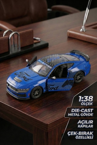 Kinsmart 2024 Ford Mustang Dark Horse 1:38 Çek Bırak Metal Model Araba Mavi - Özel Livery Seri