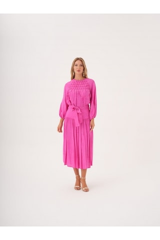 Büzgü Detaylı Kuşaklı Viskon Ve Keten Karışımlı Bluz FUŞYA