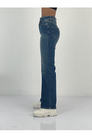 Miss Poem Kadın Yüksek Bel Düz Kesim Mavi Jean Pantolon Mavi