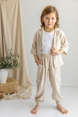 Oliven The Kid Oliventhekid Bej Keten Beli Ve Paçaları Lastikli Düğmeli Cep Detaylı Erkek Çocuk Pantolon Bej Bej