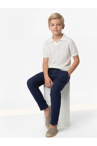 Zekids Erkek Çocuk İnce Triko Yakalı Tasarım T-shirt-17167 Beyaz