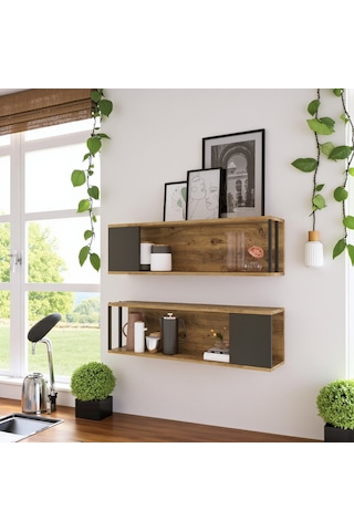 Robin Home Mutfak Rafı Duvar Rafı Kitaplık 2'li Se Ahşap - Antrasit