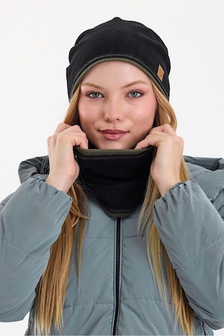 Butikgiz Kadın Dış Kısım Polar, İç Kısım Kaşkorse Pamuklu, Çift Renk, Çift Kat, Katlanabilir Bere Boyunluk Set Siyah-haki