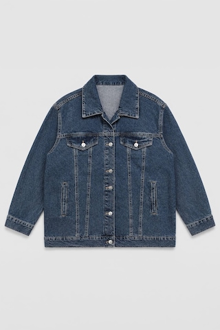 Kadın Mavi Pamuk Gömlek Yaka Oversize Jean Ceket