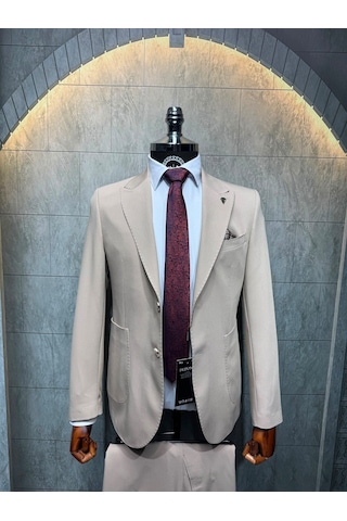 Dupont Classics Dupont Slim Fit Sivri Yaka 6 Drop Çift Yırtmaç Torba Cep Puntolu 2'li Takım Elbise Krem