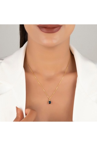 925 Ayar Gümüş Oval Kesim Safir Ve Pırlanta Taşlı Rose Altın, Sarı Altın, Gümüş Kaplama Hediye Kolye Altın