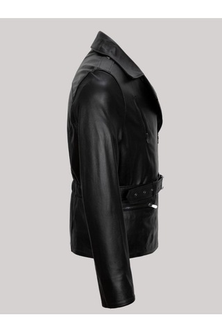 Hakiki Kuzu Derisi Siyah Erkek Deri Mont Beli Kemerli Yandan Fermuarlı Deri Ceket Siyah