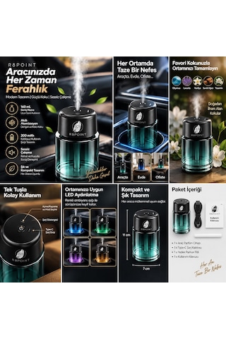 R8poınt Araç Koku Difüzörü Hava Nemlendiricisi 160 Ml Akıllı Aroma Atomizeri 200 Mah Şarjlı Type-c Led Işıklı 001