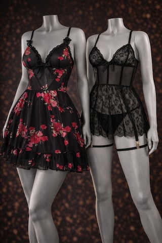 Albonishop Romantik Gül Desenli Siyah Tül Babydoll Gecelik Ve Dantel Detaylı Jartiyer Set Çok Renkli