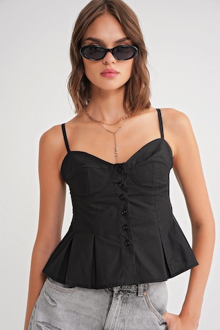 4737 Kadın Düğmeli Kuplu Pileli Bluz Siyah Siyah