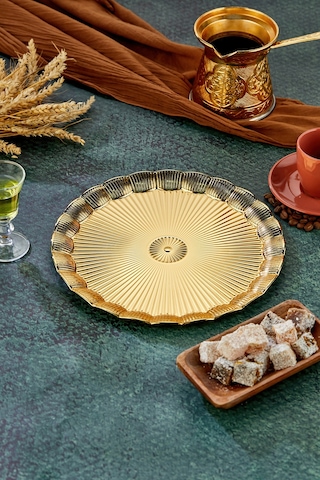 Cooker 25 Cm Yuvarlak Tepsi - Parlak Yüzeyli Sunum Tepsisi 25x25 Cm Altın