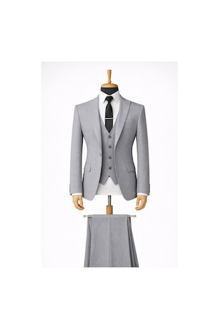 Erkek İtalyan Kesim Slim Fit Yelekli Takım Elbise - 7500 Açık Gri