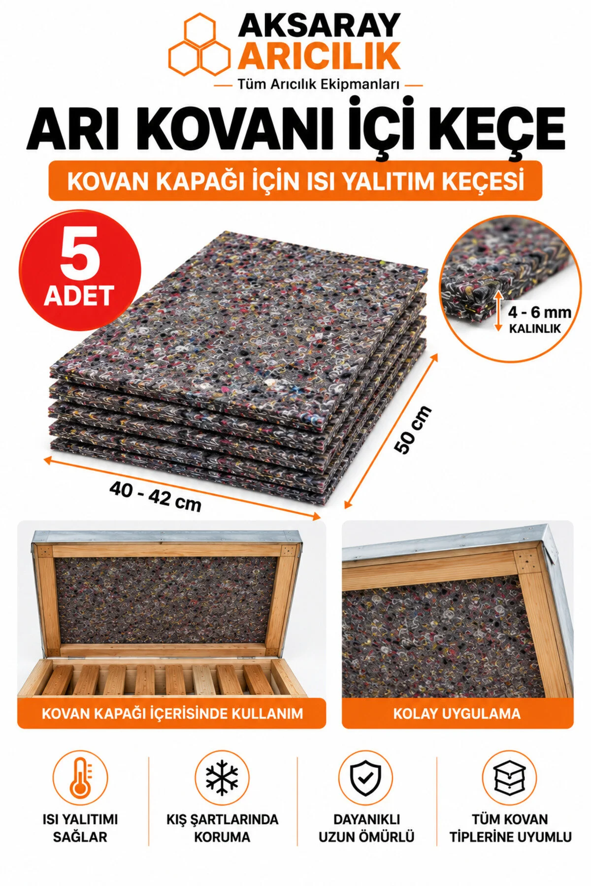 Arı Kovanı İçi Keçe Isı Yalıtım Keçesi 50x40-42 Cm 4-6 Mm Kalınlık Arıcılık Yalıtım Malzemesi