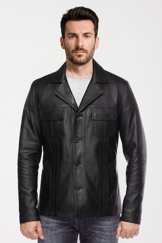 Derije Gomez Hakiki Deri Erkek Siyah Punto Dikiş Detaylı Ceket-Mont