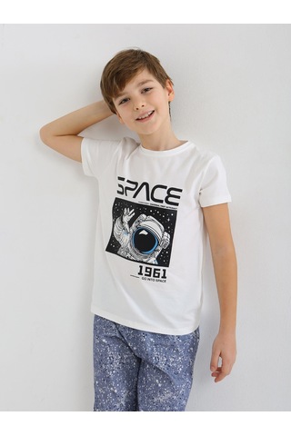 Vitmo Erkek Çocuk Kısa Kollu %100 Pamuklu Pijama Takımı Go Space Ekru