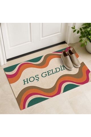 Kartela Halı Hoş Geldiniz Yazılı Retro Dalga Kapı Paspası Retro Canlı Kaymaz Kauçuk Taban 60x90 Cm