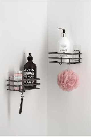 Tekno Tel St-281 Yapışkanlı 2'li Siyah Banyo Rafı Kancalı Deliksiz Duş Şampuanlık Organizer Siyah