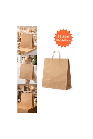 Burgu Saplı Kraft Çanta Kağıt Poşet Butik Mağaza Hediye Tatlı Torbası 33x18x42 Cm 25li