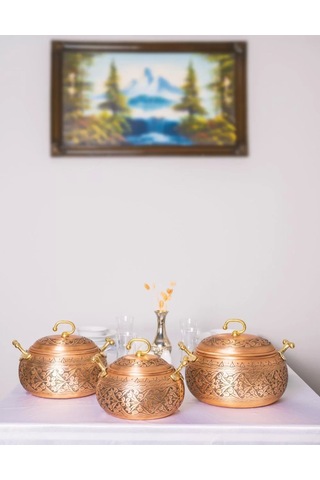 Bakır Tencere Seti Ağır İşlemeli Tombul Model Mat Bakır Renk