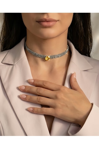 Kordon Zincir Örme Kristal Taşlı El Yapımı Choker Tasma Sarı Silver Renk Kolye