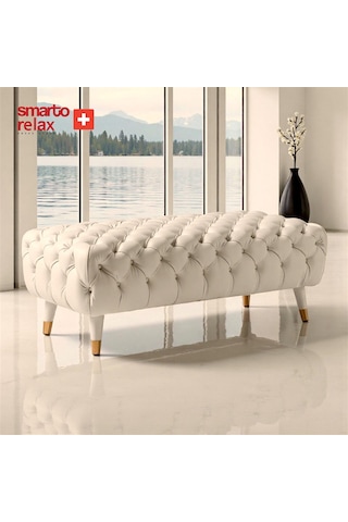 Smarto Relax Puf Adelboden Ahşap Ayaklı Kapitoneli 110x45x40 Cm Ekru Ekru