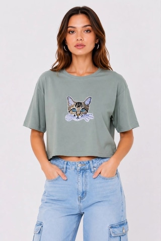 Primemagazam Kadın Kedi Baskılı Oversize Crop Tişört Salaş Basic Yarım Kol T-shirt - Mint Yeşili Çeşitli