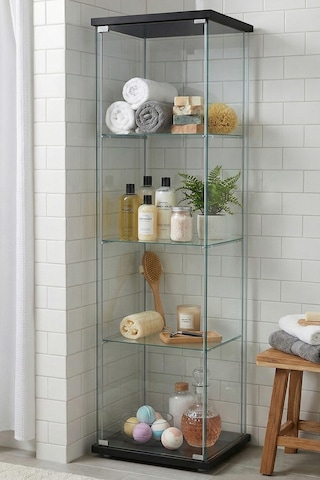 Cam Raflı Kapaklı Düzenleyici Banyo Dolabı Çok Amaçlı Lavabo Malzeme Dolap Havluluk Organizer Siyah-3raf