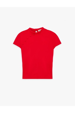 Koton Krep Scuba Kumaş Slim Fit Kısa Kollu Düğmeli Dik Qipao Yaka Tişört Kırmızı 6sak50394ek