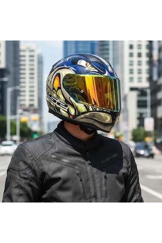 Ls2 Rapıd 2 Spox Mavi-gri Kask Gold Vizör + Şeffaf Vizör Çok Renkli