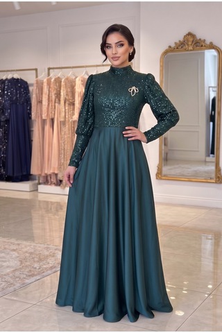 Dorne Moda Üstü Pul Paletli Altı Saten Kloş Detaylı Mezuniyet Ve Nişan Abiye Elbise Yeşil Yeşil