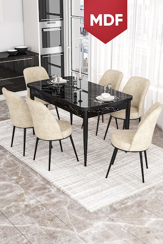 Canisa Concept Kor Serisi 70x114 Açılabilir Mutfak Masası Takımı Siyah Mermer Desen Masa 6 Krem Sandalye Masa Siyah Mermer Desen Sandalyeler Krem