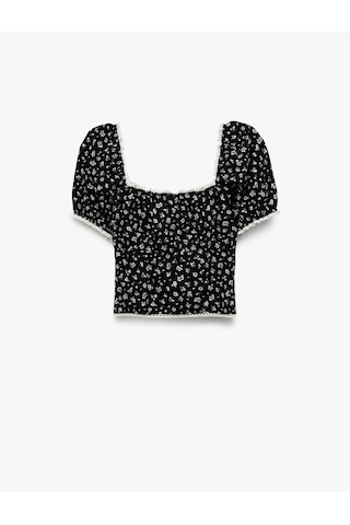 Koton Kalp Yaka Kısa Balon Kollu Çiçekli Crop Bluz Siyah Desenli 5sal60027ıw Siyah Desenli