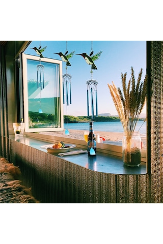 Geeroyoo Mavi Balık Kuşu Desenli Metal Ve Cam Çalgılı Rüzgar Çanları - Ev Bahçe Dekorasyonu, Stres Azaltıcı Ses, Hediye Özel