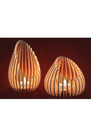 Damla 2'li Tealight Mumluk Ahşap Mumluk + Led Pilli Mum Ham Mdf