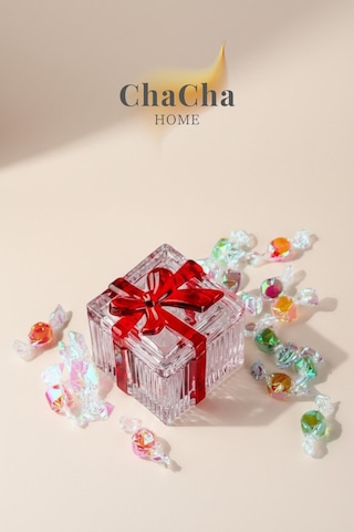 Chacha Home Dora Kırmızı Fiyonk Kapaklı Kristal Dekoratif Cam Şekerlik - Saklama Kutusu - Sunumluk 1 Adet Kare