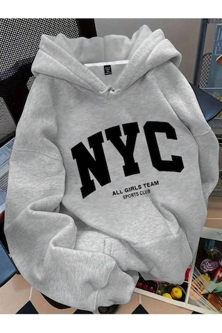 Josette Nyc Baskılı Kapüşonlu Oversize Sweatshirt Gri-sw