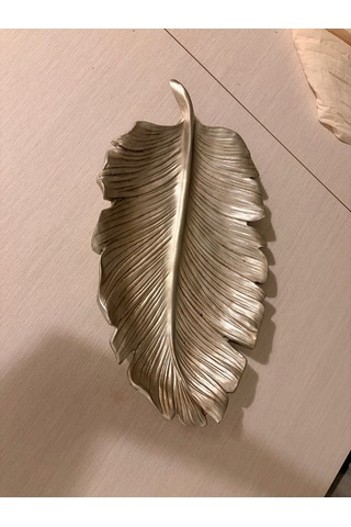 Dekoratif Büyük Boy Yaprak Tabak / Sunumluk Eskitme Gümüş / Şampanya 35x20 Cm