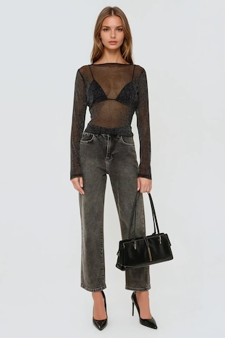 Hiccup Lurex Transparan Uzun Kollu Fit Bluz Siyah