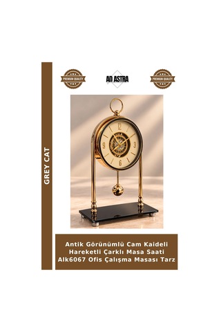 Antik Görünümlü Cam Kaideli Hareketli Çarklı Masa Saati Alk6067 Ofis Çalışma Masası Tarz Çok Renkli