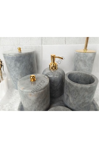 Gri Mermer Klasik Model 7 Parça Gold Renk Düğme Aksesuarlı Banyo Seti Gri