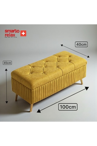 Smarto Relax Swiss Style Puf , Appenzell Kapitonesandıklı Puf, Babyface Kaplama, 100x40x45 Cm, Ahşap Ayaklı ,sandıklı Dekoratif Puf Sarı