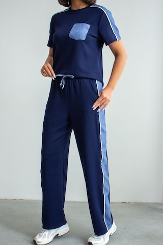 Ded Collectıon Kadın Kısa Kol Denim Görünümlü Şerit Detaylı Süs Cepli Modal Takım Lacivert