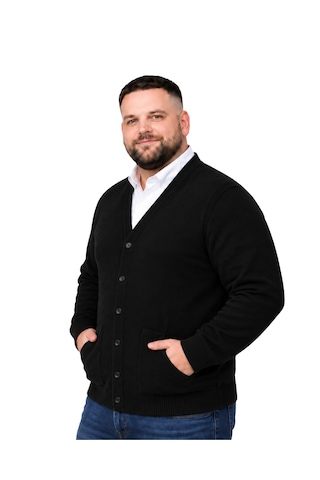 Battalmoda Erkek Büyük Beden Siyah Cepli Düğmeli Triko Hırka 3xl-4xl-5xl-6xl