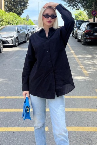 Madmext Siyah Oversize Basic Cepli Poplin Gömlek Mg1530 Siyah