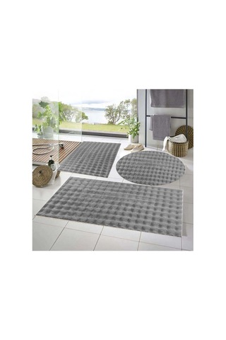 Raschel Carpet Balat Halı 3'lü Kaymaz Taban Bubble Peluş Banyo Paspası Açık Gri 50x50 Yuvarlak -50x50 Ve 50x70 Gri
