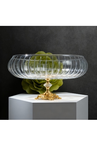Alfafe Home Lotus Kristal 24 Cm Kesme Dekor Metal Ayaklı Salata Kasesi Cam Sunumluk- Servis Tabağı Gold